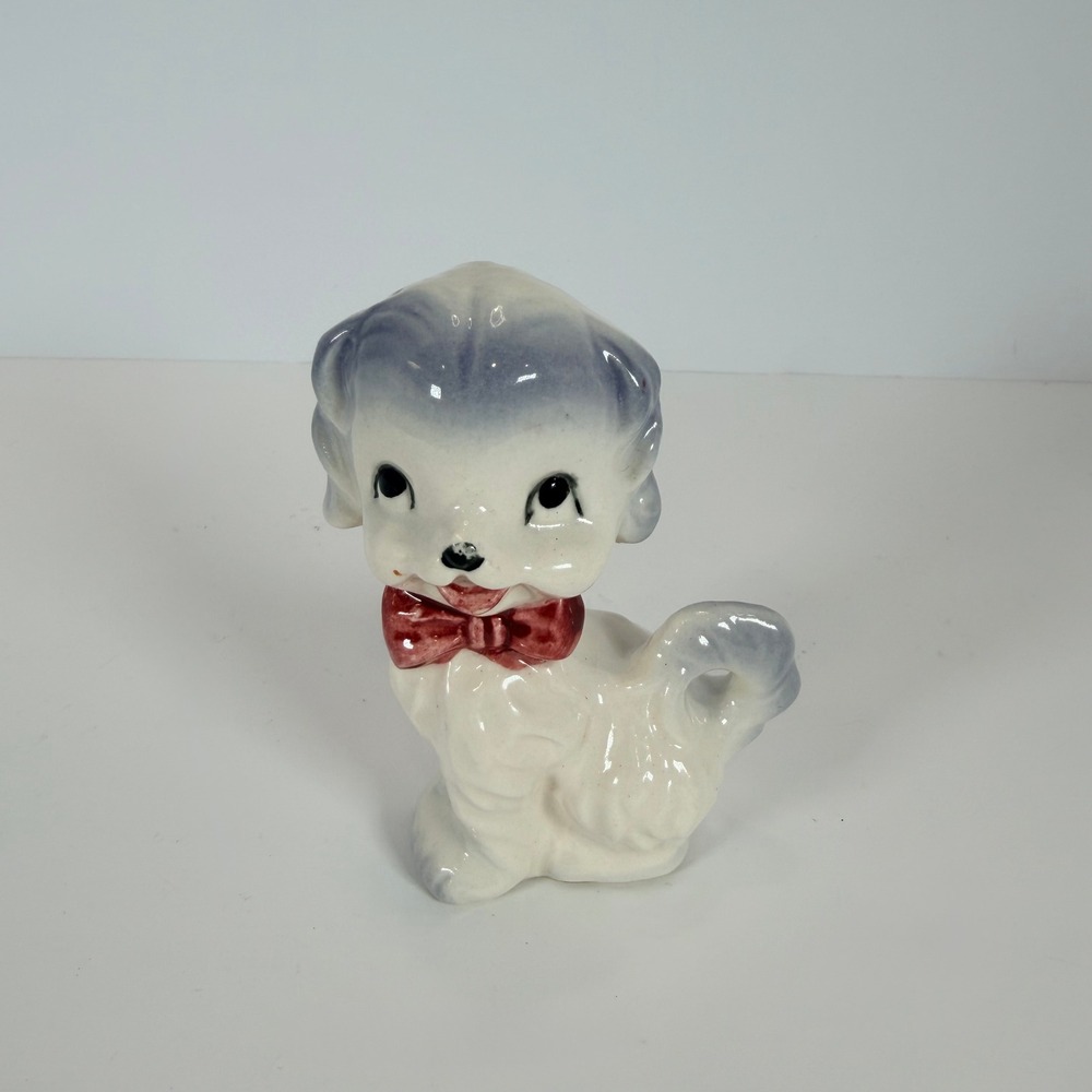 Vintage Ceramic Dog Figurine Red Bow Gray Blue Ears Made in Japan‎ Cute Kitsch